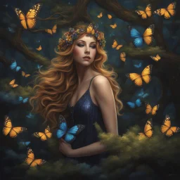 Painting of a beautiful girl, beautiful, fantasy art, dream, trees, forest, dark night, song, glitter butterflies, fantasy