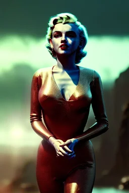 Ultra Realistic retro sci-fi 1960 scene, waist up view portrait, blonde woman, sweet young Marilyn Monroe face, perfect iris, tight latex coat, alien planet background, tight style, sphere dron, fog, rain, soft color, highly detailed, unreal engine 5, ray tracing, RTX, lumen lighting, ultra detail, volumetric lighting, 3d, finely drawn, high definition, high resolution.