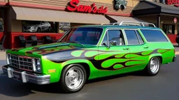 suped up 1979 chevy stationwagon green with black flames outlined with a thin red pinstripe, in front of Sam's club, SuperSport car, impressive, VIP, award winning, detailed