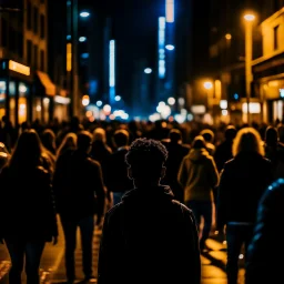 dark city at night, lots of people, blurred, focus on one person in the middle