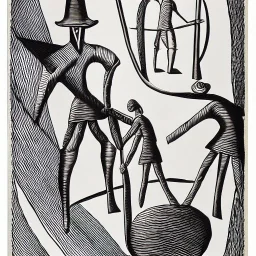 hand drawn in single line by Nicolai Blatter with hatch with parallel wavy lines metal engraving representing the Adventures of Don Quixote de la Mancha in bosch style or salvador dali style