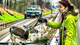 upset lady points handgun at deer carcass on the highway