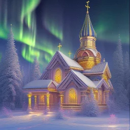 Orthodox Church decorated with intricate stone carvings on a snowy night, golden crosses on tops, pink light inside, many different color northern lights,Aurora Borealis and Full Moon over Mountains, 10 second long exposure highly detailed ultra reallistic oil on canvas cinematic lighting colourful Jacek Yerka Thomas Kinkade Caspar David Friedrich long exposure good atmosphere