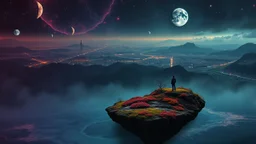 one alone human stands on deep dark colors little island. the island with alone human next close the beautyful four colors landscape . normal neurotipical lifes contrast the weird inner world with neurodivergens soul and mind,, Whimsical strange style of Chagall, of Bosch of giger and Anton Semenov. weird absurd beauty nightmare, in background neuronic network and landscape with cites and with many little humans on eart, Whimsical surreal vibe, cinematic