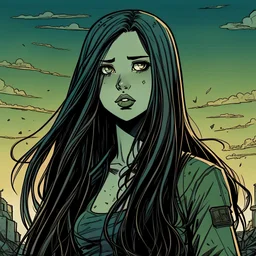 portrait, girl with long black hair, looking ahead, comic book illustration, post Apocalypse