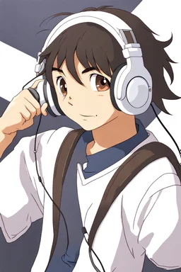 An Asian boy in a white shirt and headphones.