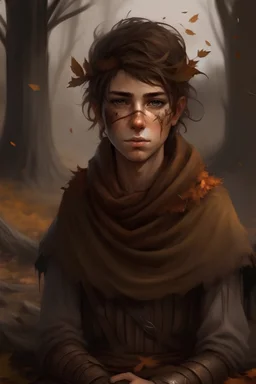A teenage druid from a high fantasy setting whos village burnt down. They are covered in ash. They are sad and have been crying. They are in brown ragged clothing. In a fantasy style. They have brown hair with some leaves and mud in.