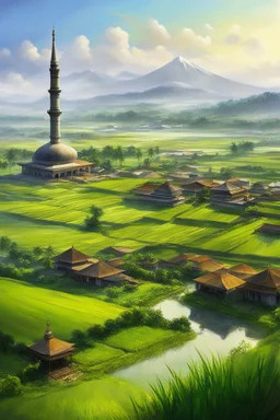 Beautiful Digital Painting art Landscape villages islamic Mosque,surrounded rice paddy fields