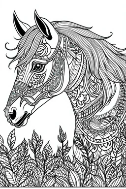 create a 2d black outline, "horse coloring book for girls", coloring page, low details design, black contour, coloring page design, simple background, colorful , card style, coloring page for girls, white background, sketch style