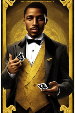 Dashing black man in a suit with gold trimmings. He's holding a deck of cards.