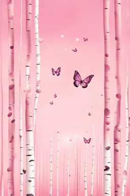 Butterflies and bubbles flying up to the sky through a pink birch forest