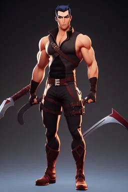 j.scott campbell, muscular ninja assassin, full head to toe portrait, athletic build, wearing black and red baggy pants with pockets, big boots, swords behind back, dark hazel eyes, eyes are both in proportion and green, 3/4 look, 5 o'clock shadow, short brown hair, large arms and hands, standing, dark cobblestone alley, one halo white light behind head, non photorealistic rendering