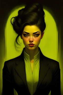 Stunning hyperdetailed Dark Fantasy Sketch Art, pose, strong facial expression, in the style of Tom bagshaw and Charlie Bowater, Film noir aesthetic, dark yellow Background, Minimalistic, femme fatale, in the style of artistic darkness