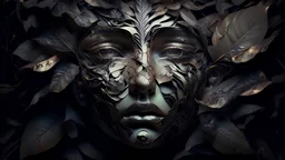 face that re-emerges among iron flowers and marble leaves, showing intricate textures and lighting effects