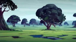 Beautiful landscape with trees, earth opens up and breaks down in black polygons.
