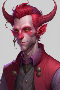 detective tiefling with red skin, lavender hair