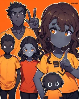 Anime manga style, Black skin boy, with dark brown curly hair, wearing red and orange clothes and black jeans, always with one hand in his pocket, looking a little irritated