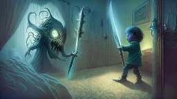 child slains a lovecraftian alien overlord with a magical sword that emerged from the child's bedroom closet