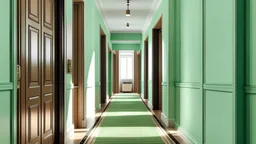 hallway with mint colored walls and brown carpet