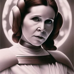 extremely detailed 8k hyperspace wallpaper,complete and photo realistic detailed head to waist stunning photo realistic portrait of carrie fisher as Princess Leia in star wars with photo realistic fine, simple and symetric hair, brown eyes, professional majestic photo realistic painting by Ed Blinkey, Atey Ghailan, by Jeremy Mann, Greg Manchess, Antonio Moro, trending on ArtStation, Intricate, High Detail, Sharp focus, dramatic, by greg rutkowski,