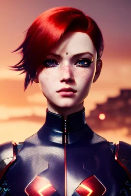 Cyborg anime warrior, red hair, short and messy hairstyle, blue eyes, waist up portrait, 8k resolution, intricate details, ornate details, soft lighting, vibrant colors, retroanime, masterpiece, intricate eyeliner, dark eyeshadow, eyes, intricate tattoos, futuristic cityscape background