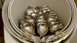 very confused young woman puts 8 metal spoons inside the household dryer