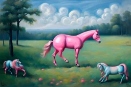 Big pink plastic toy horse.19th painting