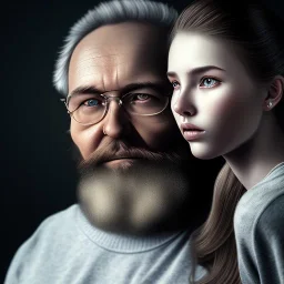 a young woman sitting next to a 50-year-old man with a beard and short hair, portrait, 8K, close-up face, anatomically perfect face, Highly detailed stunning full frame portrait, misty and cloudy atmosphere