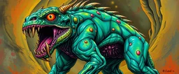 colorful pen and airbrush of twisted rock and jungle monster breed animal as fantasy art in the style of giger and escher