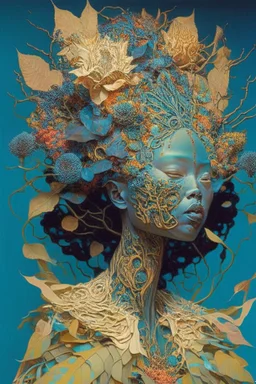 Surreal picture entitled "queen of the damned"; Ethereal woman wearing excruciatingly beautiful quilling made of objects from nature with flowering plants growing from the top her head", hyper-detailed, constructivist, stunning, dynamic, Victo Ngai, Michelangelo, Dali