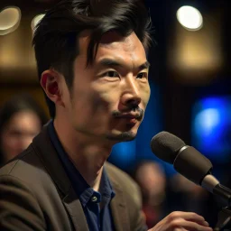 Christer Chao Solvang, norwegian chinese, young dark and handsome, with thick hairy eyebrows, and tiny mic, directing a debate, photo-realistic, shot on Hasselblad h6d-400c, zeiss prime lens, bokeh like f/0.8, tilt-shift lens 8k, high detail, smooth render, down-light, unreal engine, downlight, prize winning