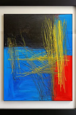 an abstract painting featuring a blend of colors. Dominant shades of blue, black, and red create intriguing patterns across the canvas. Streaks of yellow intersect, forming geometric shapes. The painting is framed in a simple black frame. Its abstract nature invites various interpretations.