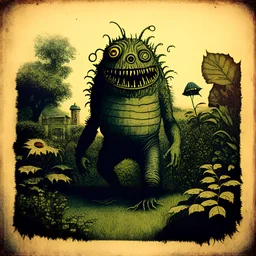 vintage album cover with a monster in the garden