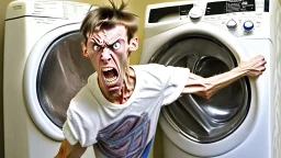 very skinny and lanky young man angry and can't push damaged washer and dryer