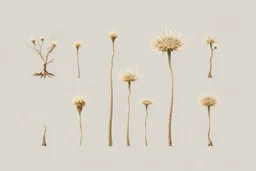 "Isolated concept art of multiple types of alien tree plant on a plain neutral background. Designed for Desert biome – dry, spiky, brittle grass with sharp edges, thorn-like blades, and pale dusty colors