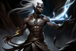 Thin young male Drow wizard wearing a shear tunic, wearing a loin cloth, casting a lightening spell, dark-elf youth with white hair blowing in the wind, glowing tattoos on black skin, strained muscles, cave setting with bioluminescent background, white eyes, fierce grimace