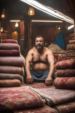 close up photography of a burly beefy strong 40-year-old Turk in Istanbul bazaar, shirtless, selling carpets sitting on a pile of carpets, biig shoulders, manly chest, very hairy, side light,