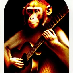 polaroid by albrecht durer of a monkey playing a guitar, 6 strings