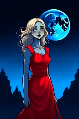 Blonde girl, white skin color, blue eyes, standing in the moonlight, handdrawn, red dress