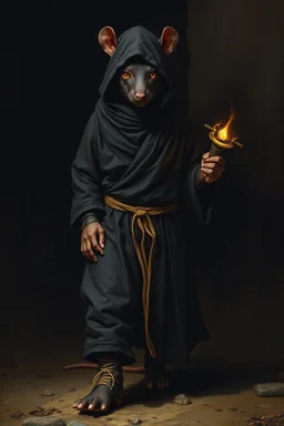 boots , the yoga rat man, big black iris eyes with yellow glints, ou’re looking at someone who doesn’t just walk into shadows—they belong to them. The black robes cling like a second skin, the belt tied tight with gold thread that catches the light only when he moves. His face is wrapped, but not hidden—his eyes glow like embers, red and steady, as if he’s already seen what waits inside the cave. The tail curls behind him, not in fear, but in readiness. He doesn’t need a torch, by Rembrandt