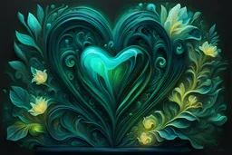 An image that expresses the essence of the heart.Ultra detailed illustration of a magical world of wonders, glowy, bioluminescent flora, incredibly detailed, pastel colors, handpainted strokes, visible strokes, oil paint, art by Mschiffer, night.Ultra detailed shot of a dark sculpture made out of emerald obsidian and dark matter, incredible sculpture of a unique