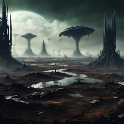 Dark alien landscape being ripped up by terraforming machines. Landscape torn up. Some spaceships in the distance. Some swampy landscape