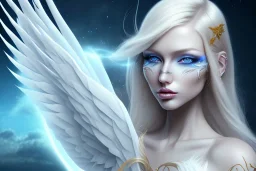 beautiful woman, blue eyes, blond long hair, white wings, white and gold dress, cosmic dimension