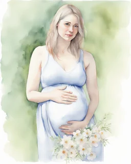 portrait, watercolor, fine drawing, Pregnancy, flowers,