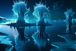 Ice blocks near one tree, night, lagoon reflection, sci-fi, epic,