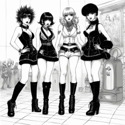 manga art of fashion, punkrock, future illustration of three women standing up in agent provocateur making fun at Exhibition of historical toilet humps.