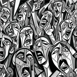 picasso cubism crowd of people black and white screaming wapens