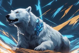 white bear in 8k solo leveling shadow artstyle, warrior them, blue ice and thunder, neon effect, blue thunder, full body, apocalypse, intricate details, highly detailed, high details, detailed portrait, masterpiece,ultra detailed, ultra quality