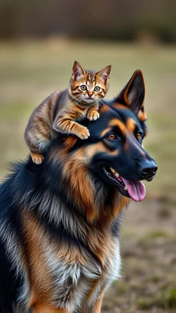 A German shepherd with a cat riding on his back