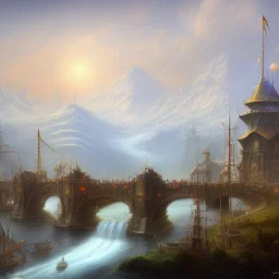  ships buildt into city,draw bridge, dam bridge city,snow capped mountains, spray paint, mongols, chalk,chimney,warhammer, fantasy game art, crisp and clear